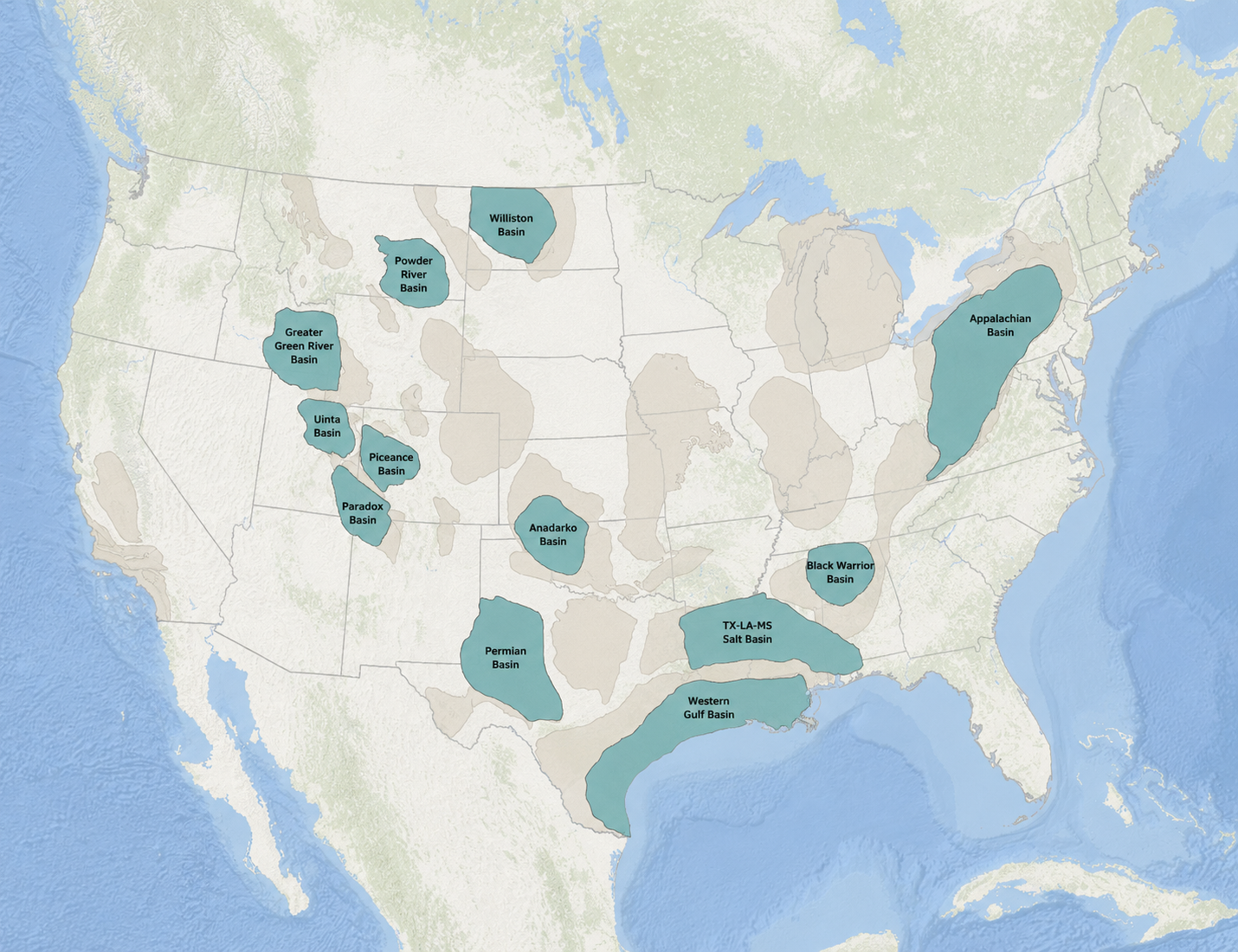 Map of the United States highlighting petroleum basins reflecting professional experience developed through operating-company roles and consulting engagements.