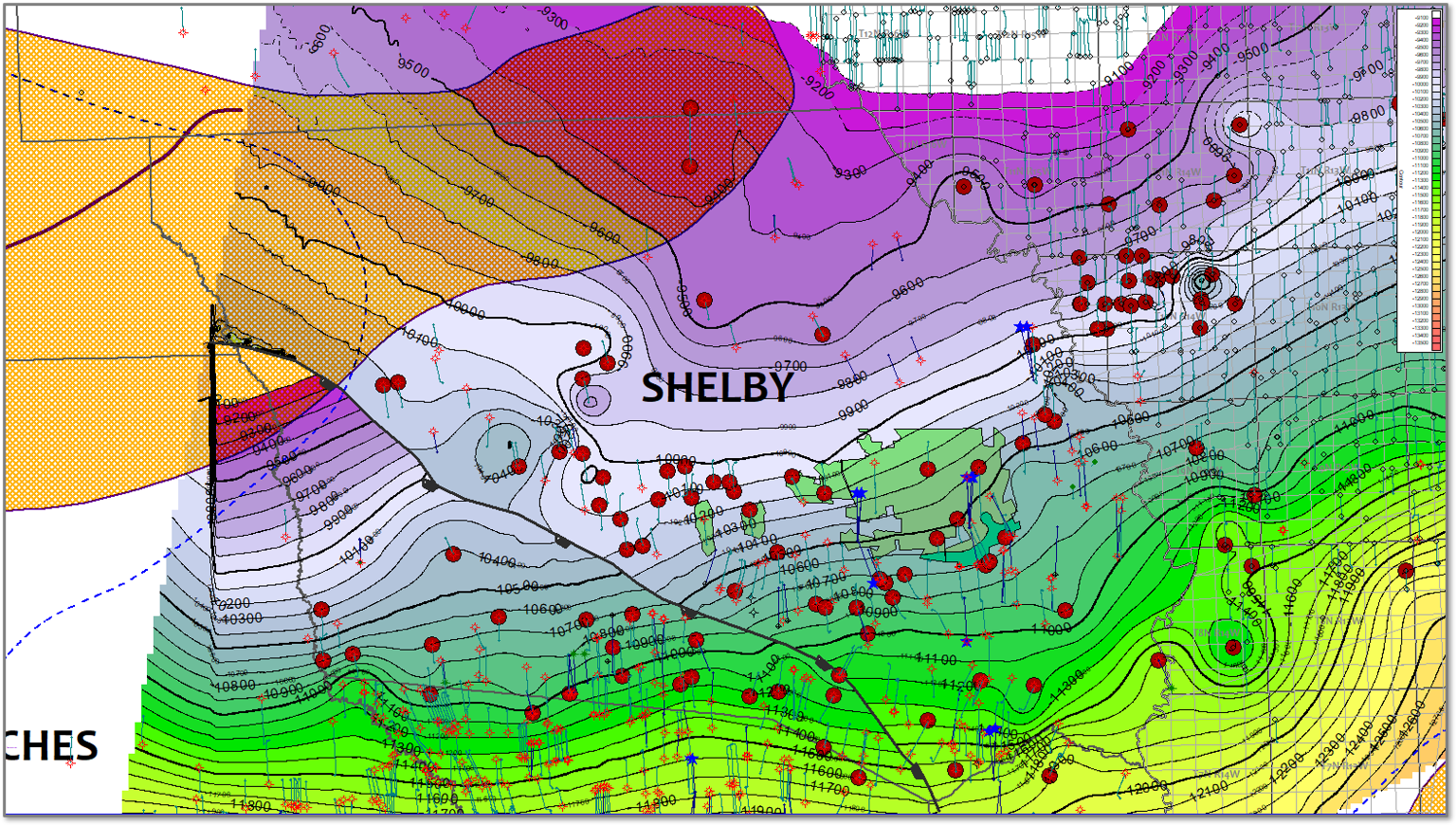 Bossier subsea structure map with contours, wells, and structural interpretation in the Cothrom area.
