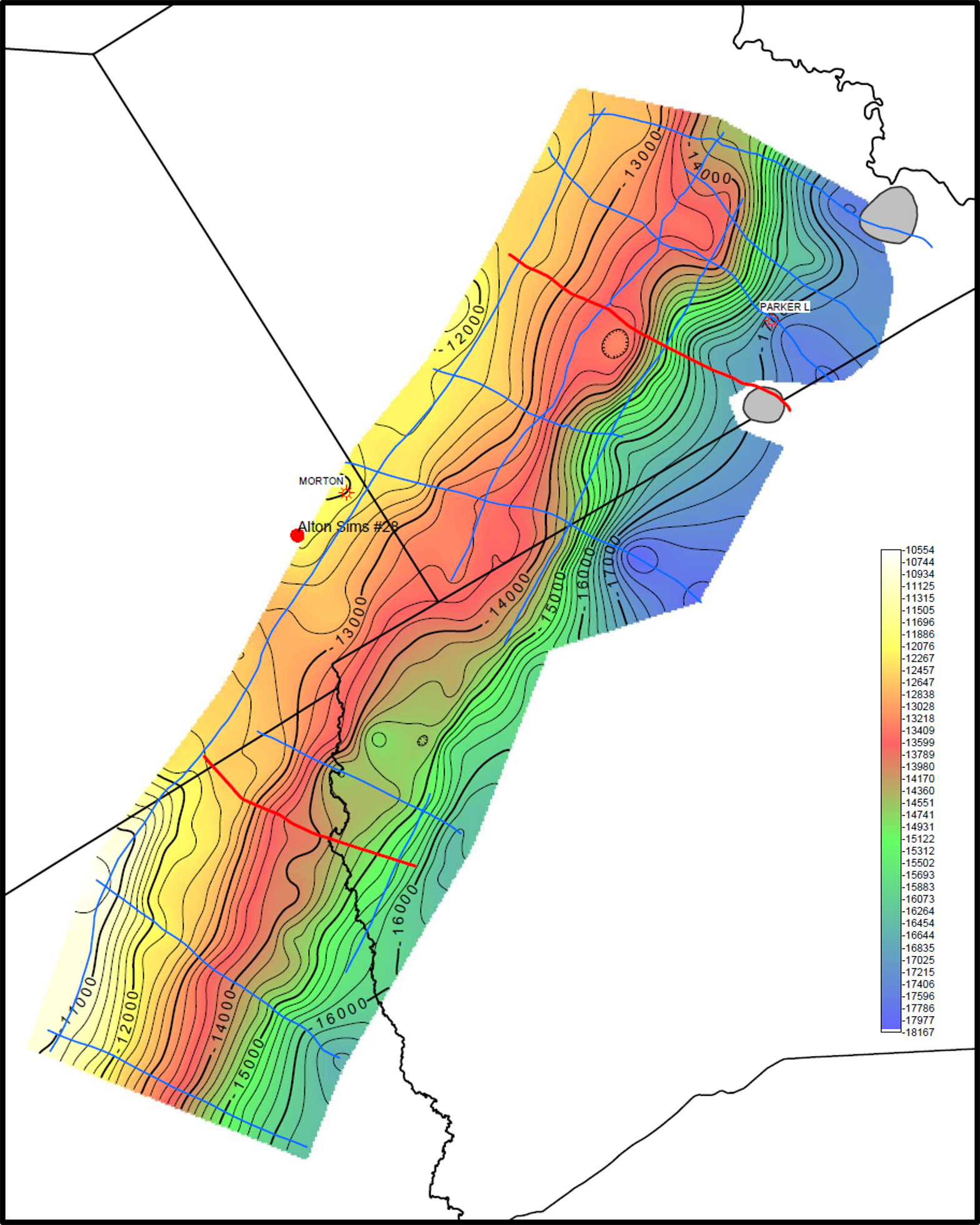 Western Haynesville subsea structure map showing structural contours and interpreted subsurface features.